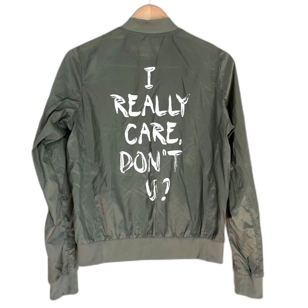 WILDFANG I Really Care Don't U Bomber Jacket Olive Green XS Limited Edition